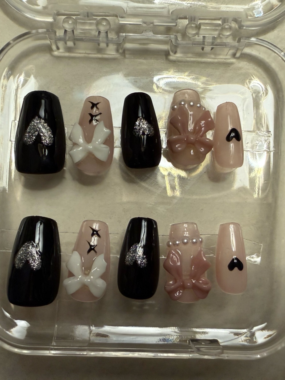 Black and Nude Press-On Nails with Silver Accents - Picture 1 of 2
